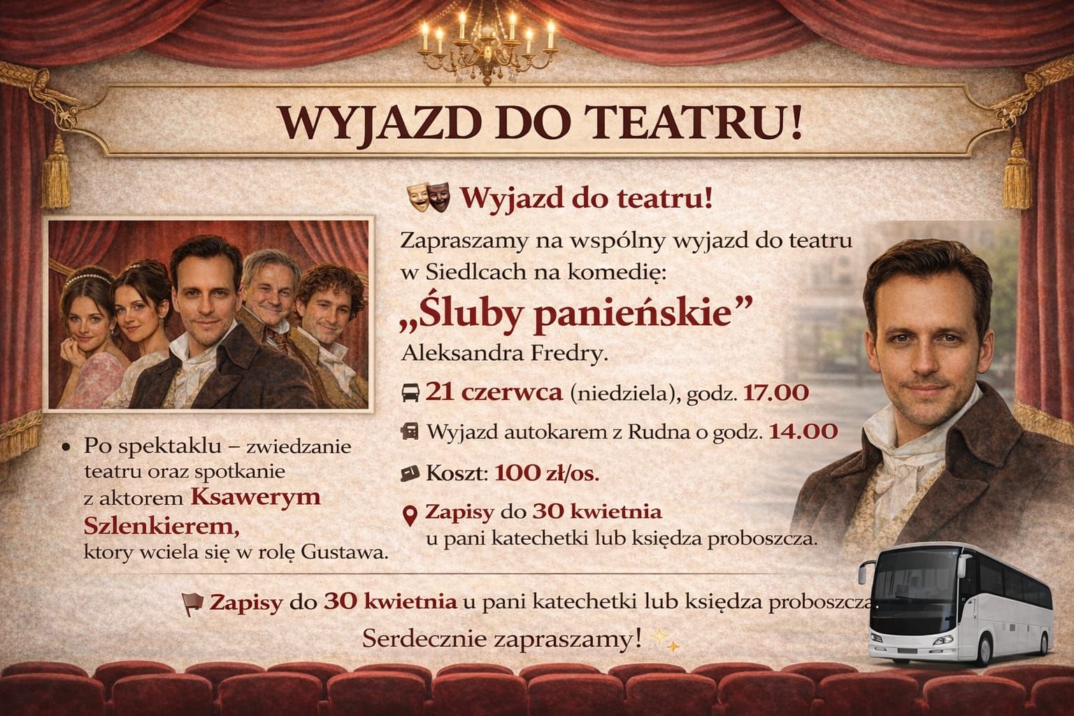 Zapraszamy na wspólny wyjazd do teatru w Siedlcach na komedię „Śluby Panieńskie” Aleksandra Fredry.