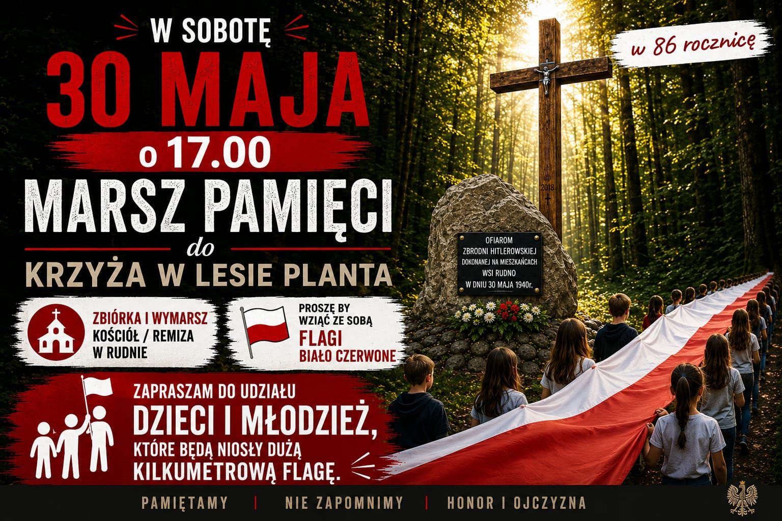 Marsz Pamięci do krzyża w lesie Planta w 86 rocznicę Pomordowanych